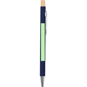 A metal pen featuring a navy blue body, a wooden top, and a light green panel, with a silver clip.