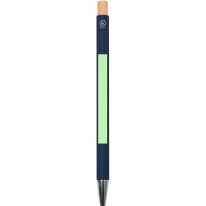 A metal pen in navy blue with a light green section and a wooden top, featuring a logo.
