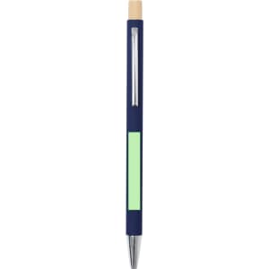 A navy metal pen with a green section and a bamboo top, featuring a logo.