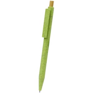 A green pen with a textured finish and a wooden clip, featuring a logo.
