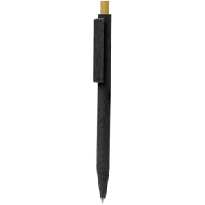 A black pen with a clip and a gold tip, featuring a smooth, sleek design and a minimalistic branding element.