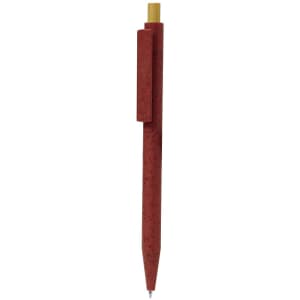 A red pen with a yellow tip and a clip, featuring a simple design and branding.