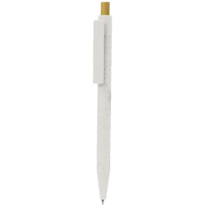 A white pen with a wooden top and a minimalist design, featuring a clip and a logo.