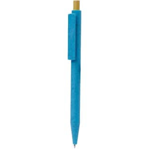 A blue pen with a clip and a gold tip, featuring a simple design and a branding logo.