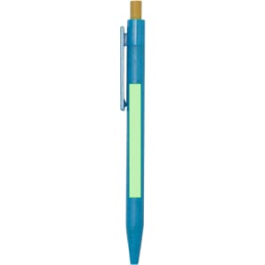 A blue pen with a clip and a light green barrel section, featuring a gold-tone tip. It has a logo on the body.