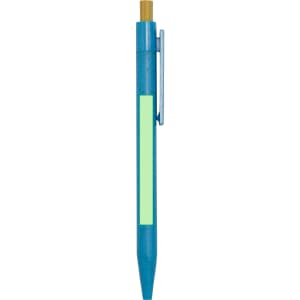 A blue pen with a gold tip and a clip, featuring a blank area for branding or customisation.