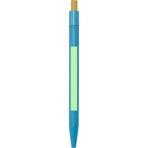 A blue pen with a yellow tip and an empty section for branding, featuring a logo.
