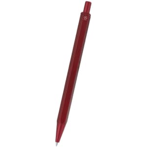 A red metal pen with a hexagonal design and a logo on the barrel.