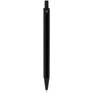 A sleek black metal pen with a smooth finish and a logo on the top.