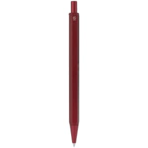 A metal pen in a deep red hue, featuring a sleek design and a logo near the top.