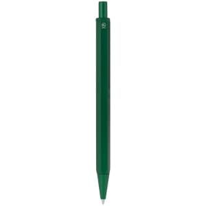 A green metal pen with a simple design and a logo on the side.