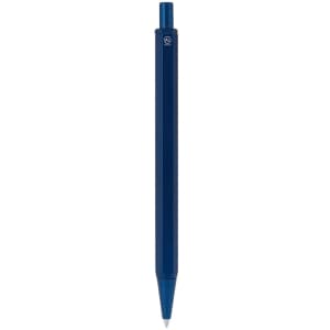 A blue metal pen with a sleek design, featuring a logo on the barrel.