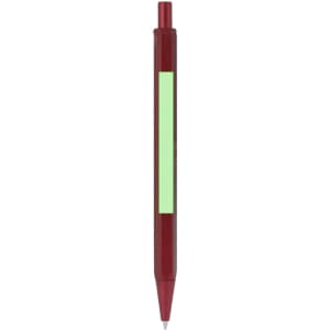 A metal pen in dark red with a green section, featuring a logo on its surface.