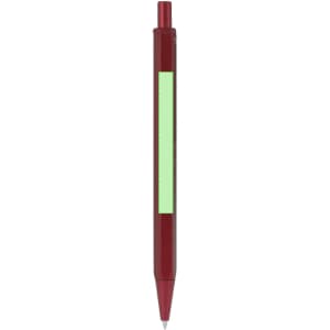 A metal pen in a deep red colour with a green textured grip and a silver clip, featuring a logo.