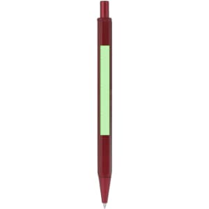 A metal pen in a deep red colour with a green grip section and a branding logo on the barrel.