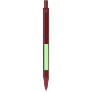 A metal pen in burgundy with a green grip and a logo on the side.