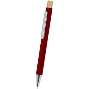 A metal pen in a deep red colour with a wooden accent and a silver clip. Features a logo branding.