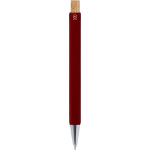 A red metal pen with a wooden top and a silver tip, featuring a logo on the barrel.