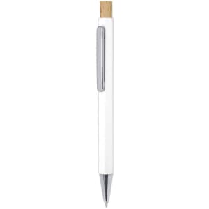 A metal pen with a white barrel and a bamboo clip, featuring a chrome accent. It has a branding logo.