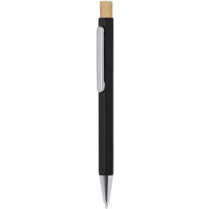 A black metal pen with a wooden top and silver clip, featuring a logo on the body.