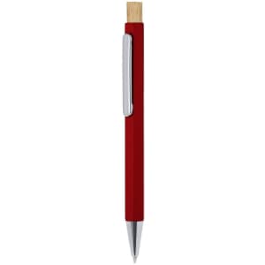 A red metal pen with a wooden top and a silver clip, featuring a branding logo.