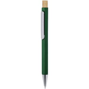 A green metal pen with a bamboo top and silver clip, featuring a logo on the body.