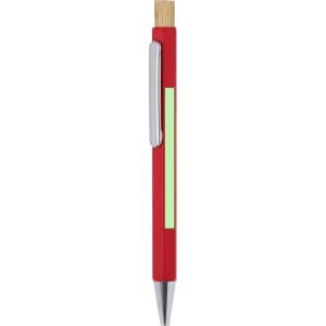 A red metal pen with a silver clip and a green section, featuring a wood top.
