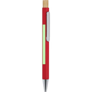 A red metal pen with a silver clip and a green highlight, featuring a wooden accent on the top.