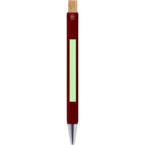 A metal pen featuring a burgundy body with a wooden top and a green accent, complete with a logo.