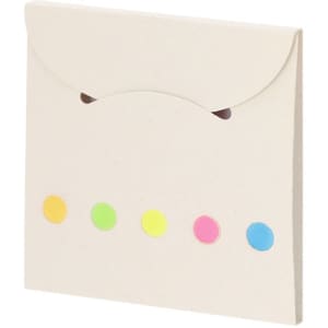 A notepad featuring a natural-coloured cover with a curved flap and five colourful dots in pink, yellow, green, and blue.