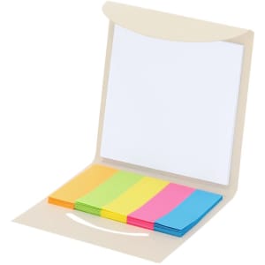 A notepad with a creamy cover and assorted neon sticky notes in pink, orange, yellow, green, and blue.