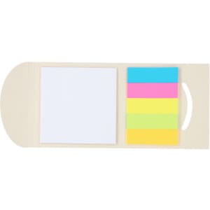 A notepad with a white notepaper section and colourful sticky notes in blue, pink, yellow, and green. Features a branding logo.