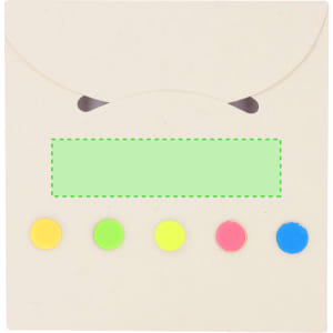 A notepad in a cream-coloured cover with a flap, featuring four colourful dots: yellow, green, pink, and blue.