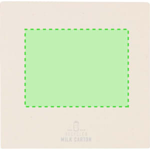 A notepad with a cream-coloured cover and an empty green box, featuring a logo indicating recycled material.