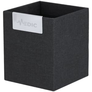 A black fabric pencil holder with a smooth, rectangular design and a logo panel.