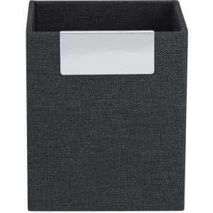 A dark grey pencil holder with a metallic label holder, featuring a simple and modern design.
