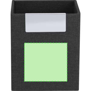 A black pencil holder with a green stitched accent and a label holder on the front, featuring a branding logo.