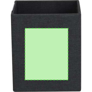 A black pencil holder with a green square for customisation, suitable for office use.