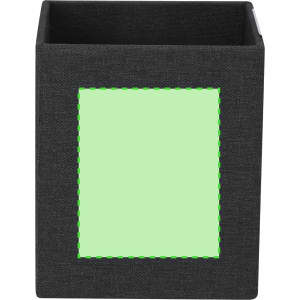 A black pencil holder with a green stitched panel, featuring a logo on one side.