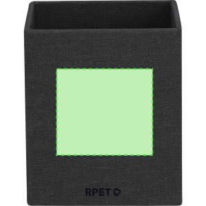 A square black pencil holder featuring a green stitched window and a logo at the base.
