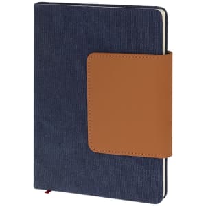 A navy blue notebook with a brown leather band, featuring a logo on the cover.