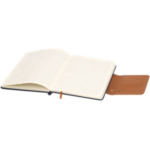 A notepad featuring a navy cover with blank pages and a brown leather flap. Includes a logo on the cover.