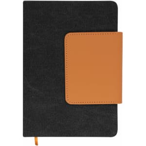 A black notepad with an orange leather-like cover and a clasp. It includes a matching ribbon bookmark.