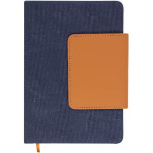 A navy notepad with a brown leatherette closure, featuring a textured cover and an attached elastic bookmark.