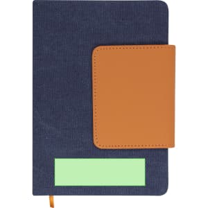 A navy notepad with a tan leather cover featuring a rectangular green label and an orange ribbon bookmark.