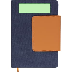 A navy notepad with a brown leather cover and a green section on the front. It features an attached bookmark.