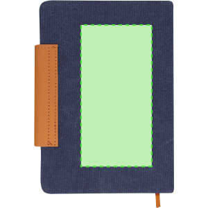 A navy notepad with a tan leather strap and a blank green area on the cover. It features a branding logo.