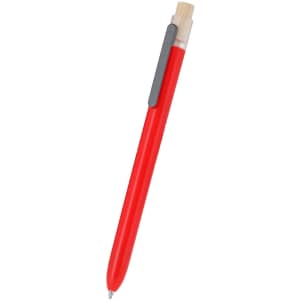 A red plastic pen with a grey clip and a light wooden tip. It features a logo on the barrel.
