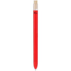 A red plastic pen with a transparent tip and a logo on the barrel.