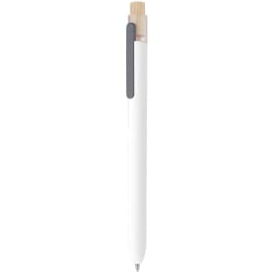 A white plastic pen with a bamboo clip and a grey accent, featuring a logo on the barrel.